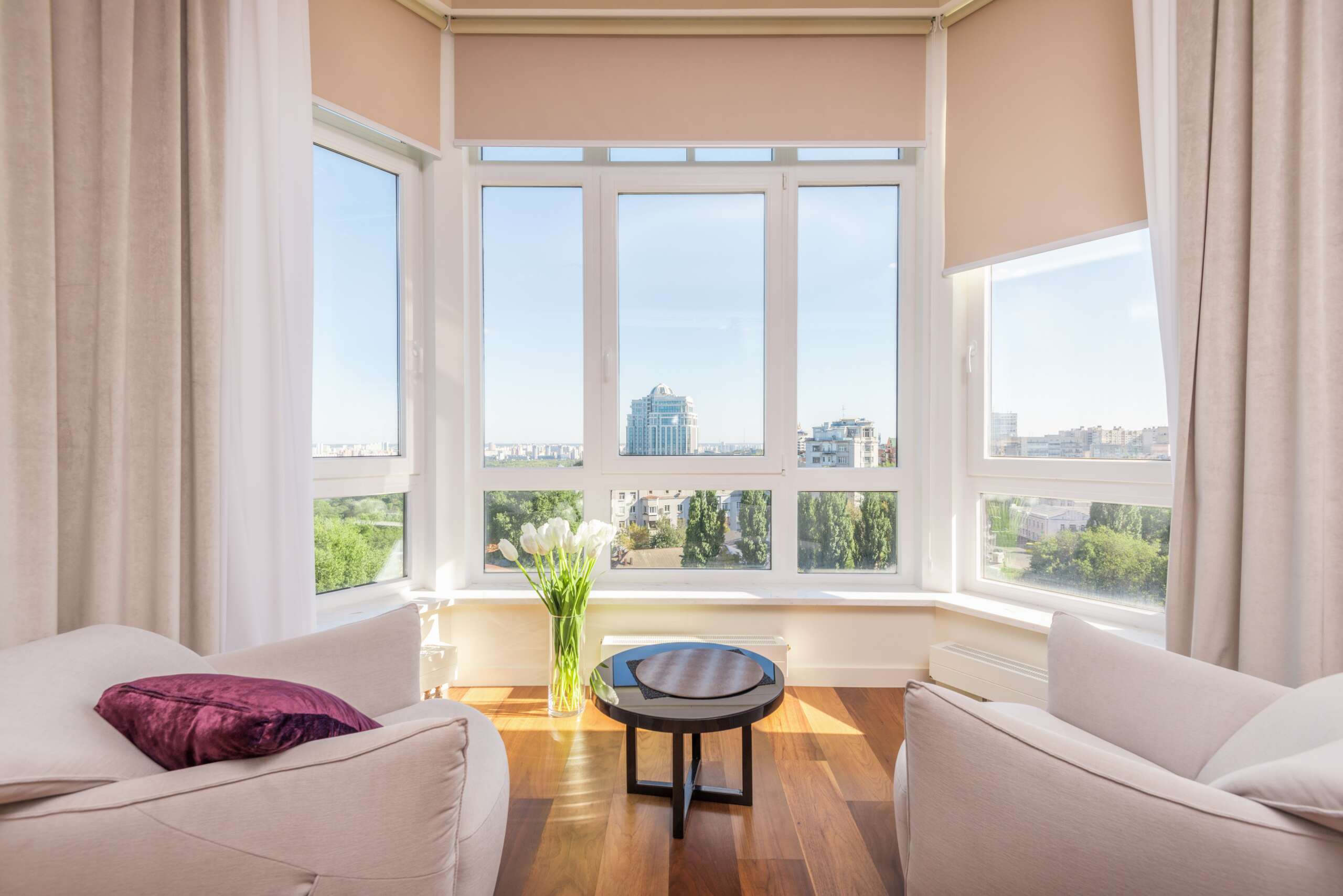 Vinyl Bay and bow windows combined with fixed and casement windows.